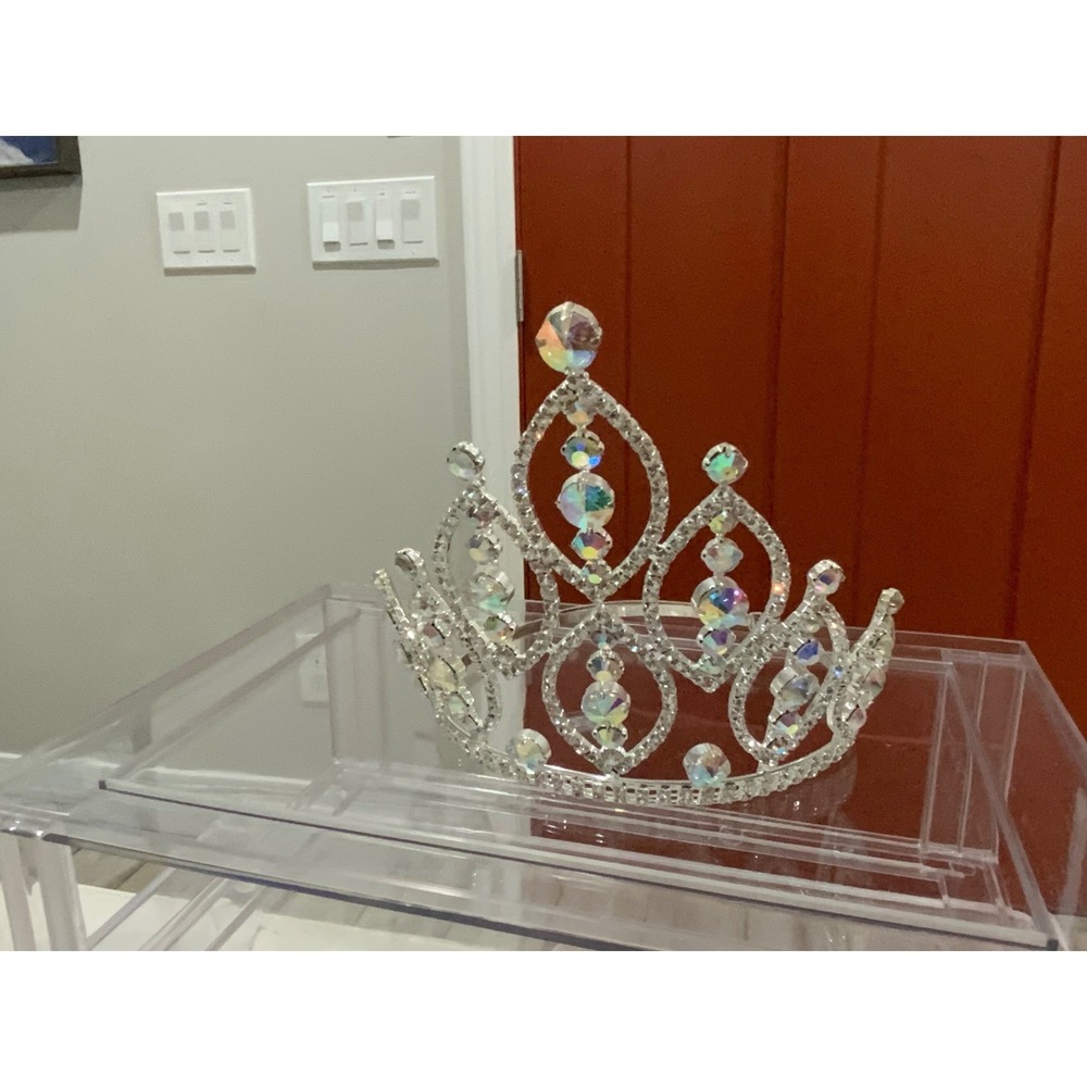 Silver AB Crystal Rhinestone Pageant Tiara Crown Marquise Iridescent Bridal Prom